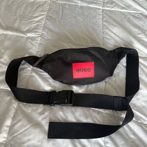 Hugo Mens Waist Belt Bag Black Matte Fabric with Red Logo